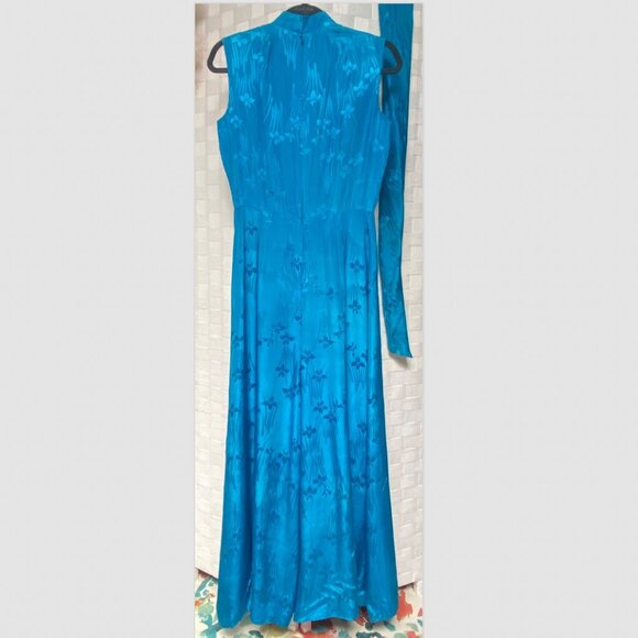 Vintage 1960s Dynasty 100% Silk Embossed Turquoise Belted Jumpsuit 10 Hong Kong - Picture 7 of 10
